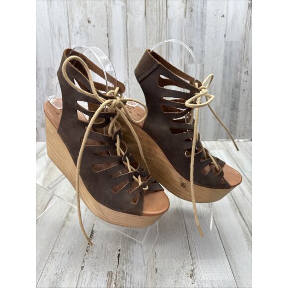 MUSSE & CLOUD Boho Nubuck Leather Lace Up Wooden Platform Wedge Sandals 39/8 - Picture 1 of 12